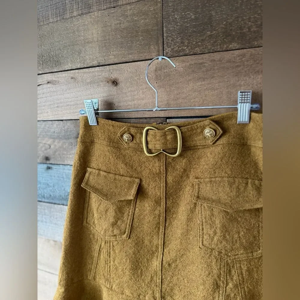 Vintage Inspired Mustard Wool Cargo Mini Skirt Buckle Flounce Hem